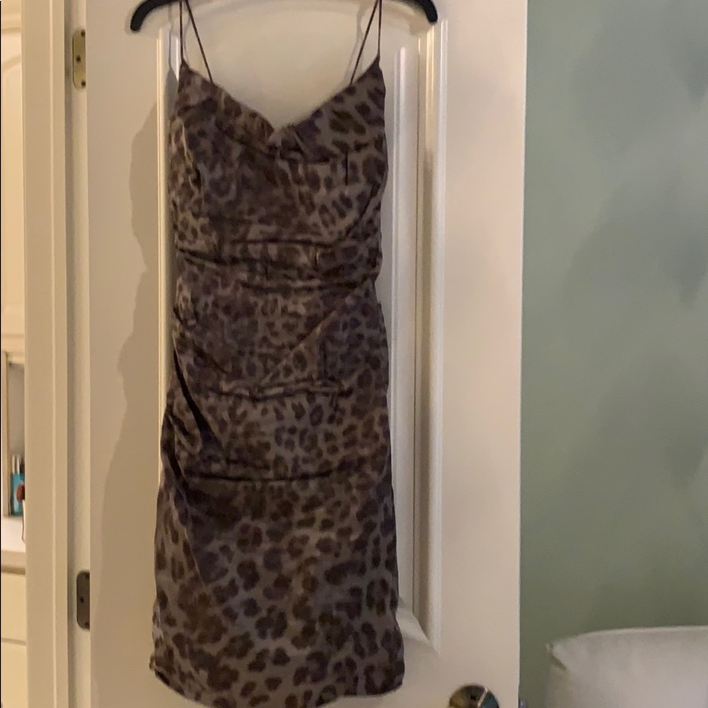 Gray leopard shimmer ruched Nicole Miller dress